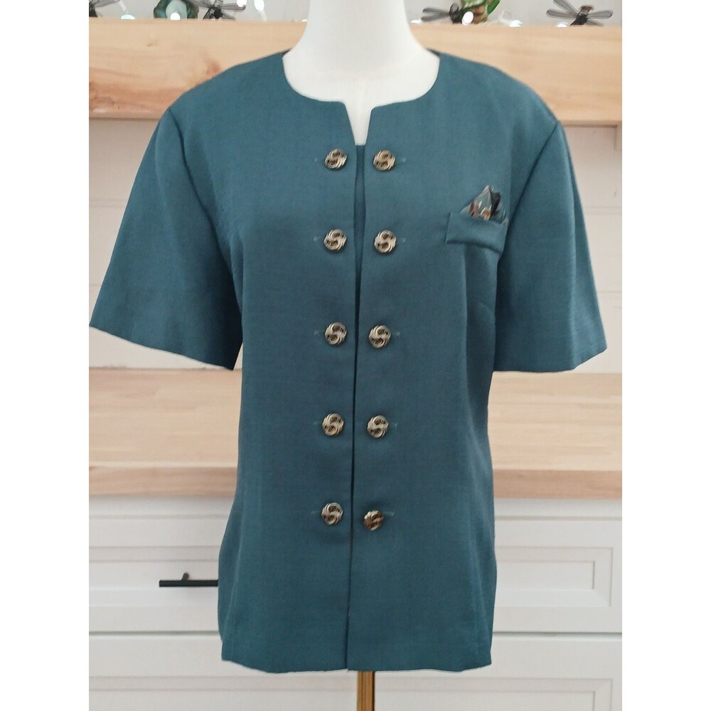 Vintage Leslie Fay Teal Short Sleeve Blazer Jacket Gold Buttons Women's Size 16 - Picture 6 of 13